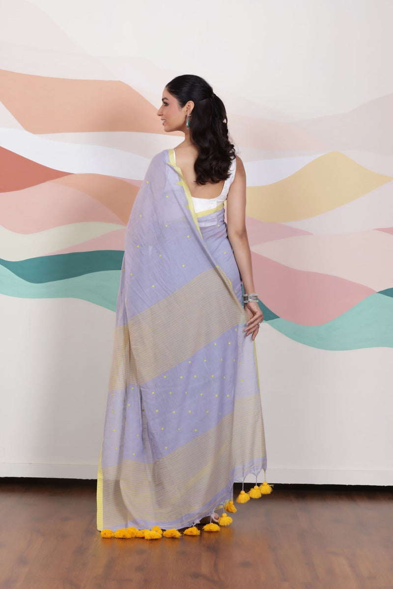 ARTISAN WOVEN THREAD KHADI SAREE IN ELEGANT SKY BLUE WITH DELICATE BUTTA WEAVES AND CONTRAST TASSELS