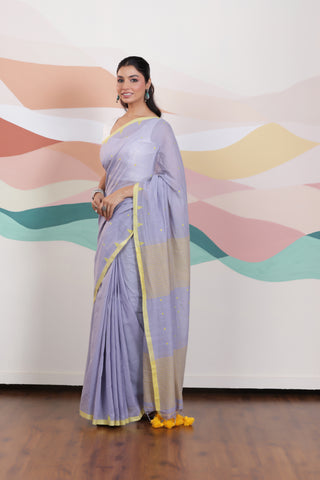ARTISAN WOVEN THREAD KHADI SAREE IN ELEGANT SKY BLUE WITH DELICATE BUTTA WEAVES AND CONTRAST TASSELS