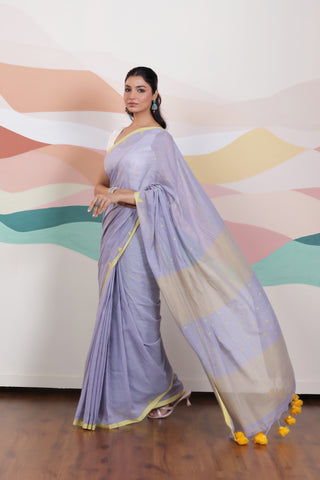 ARTISAN WOVEN THREAD KHADI SAREE IN ELEGANT SKY BLUE WITH DELICATE BUTTA WEAVES AND CONTRAST TASSELS