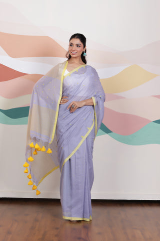 ARTISAN WOVEN THREAD KHADI SAREE IN ELEGANT SKY BLUE WITH DELICATE BUTTA WEAVES AND CONTRAST TASSELS