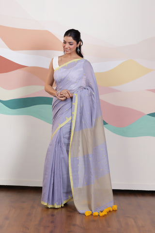 ARTISAN WOVEN THREAD KHADI SAREE IN ELEGANT SKY BLUE WITH DELICATE BUTTA WEAVES AND CONTRAST TASSELS