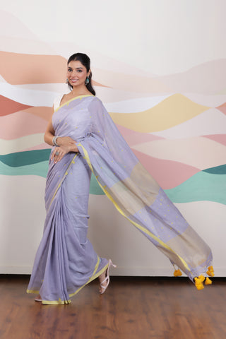 ARTISAN WOVEN THREAD KHADI SAREE IN ELEGANT SKY BLUE WITH DELICATE BUTTA WEAVES AND CONTRAST TASSELS