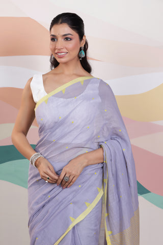 ARTISAN WOVEN THREAD KHADI SAREE IN ELEGANT SKY BLUE WITH DELICATE BUTTA WEAVES AND CONTRAST TASSELS