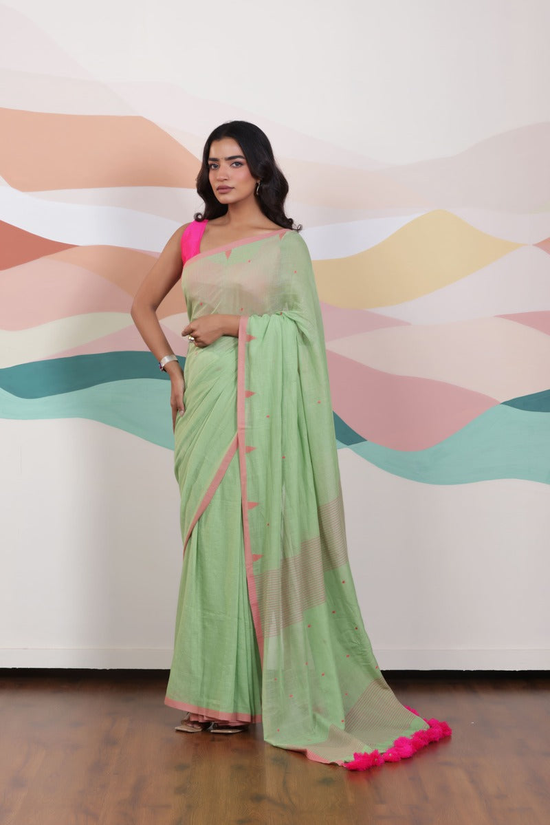 GREEN ARTISAN WOVEN THREAD KHADI SAREE WITH DELICATE BUTTA WEAVES CONTRAST TASSELS
