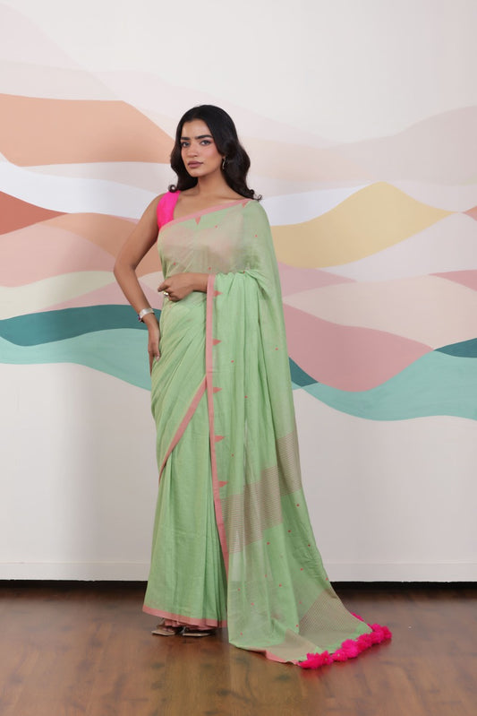 GREEN ARTISAN WOVEN THREAD KHADI SAREE WITH DELICATE BUTTA WEAVES CONTRAST TASSELS