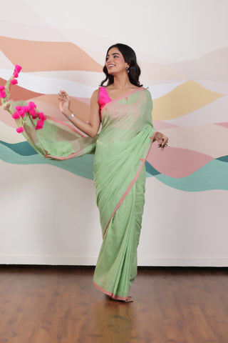 GREEN ARTISAN WOVEN THREAD KHADI SAREE WITH DELICATE BUTTA WEAVES CONTRAST TASSELS