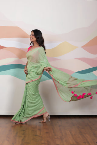 GREEN ARTISAN WOVEN THREAD KHADI SAREE WITH DELICATE BUTTA WEAVES CONTRAST TASSELS