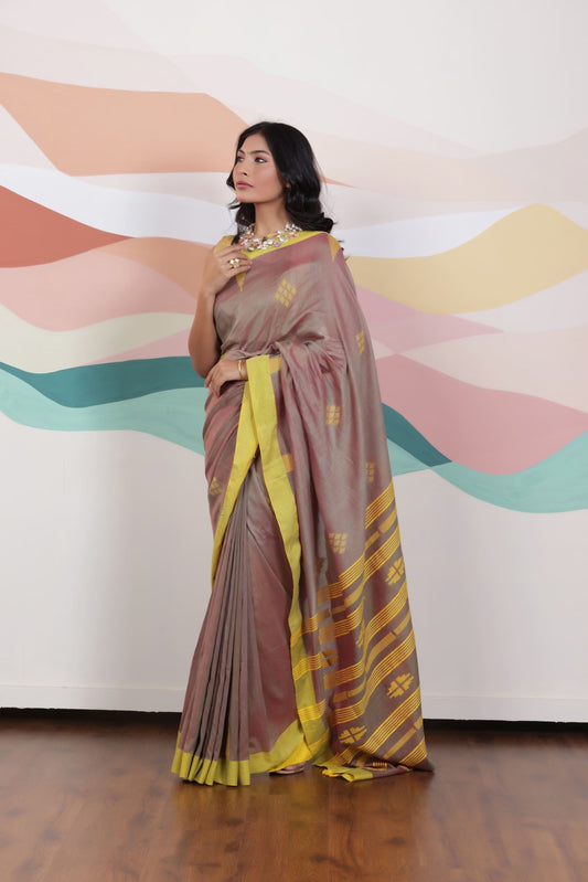 ARTISAN THREAD KHADI SAREE IN RICH BROWN WITH YELLOW WEAVES AND CONTRAST GREEN EDGE