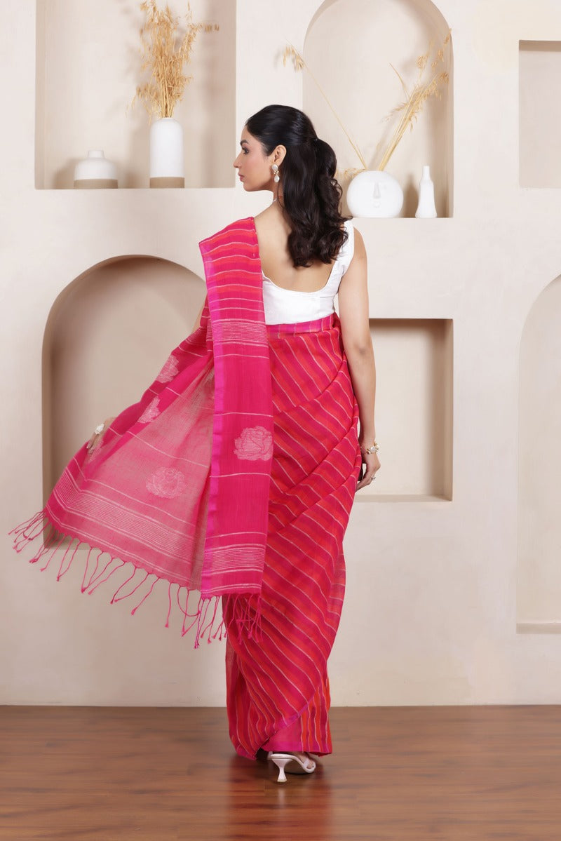 ROSE BLOOM-HANDWOVEN LINEN STRIPED SAREE