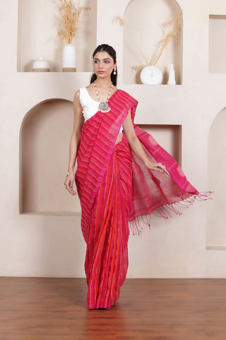 ROSE BLOOM-HANDWOVEN LINEN STRIPED SAREE