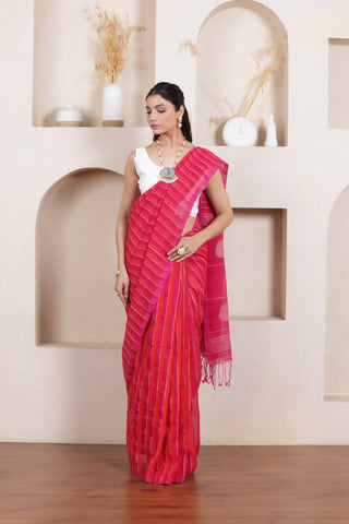 ROSE BLOOM-HANDWOVEN LINEN STRIPED SAREE