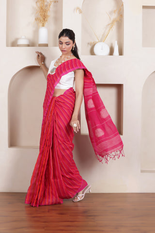 ROSE BLOOM-HANDWOVEN LINEN STRIPED SAREE