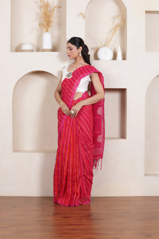 ROSE BLOOM-HANDWOVEN LINEN STRIPED SAREE
