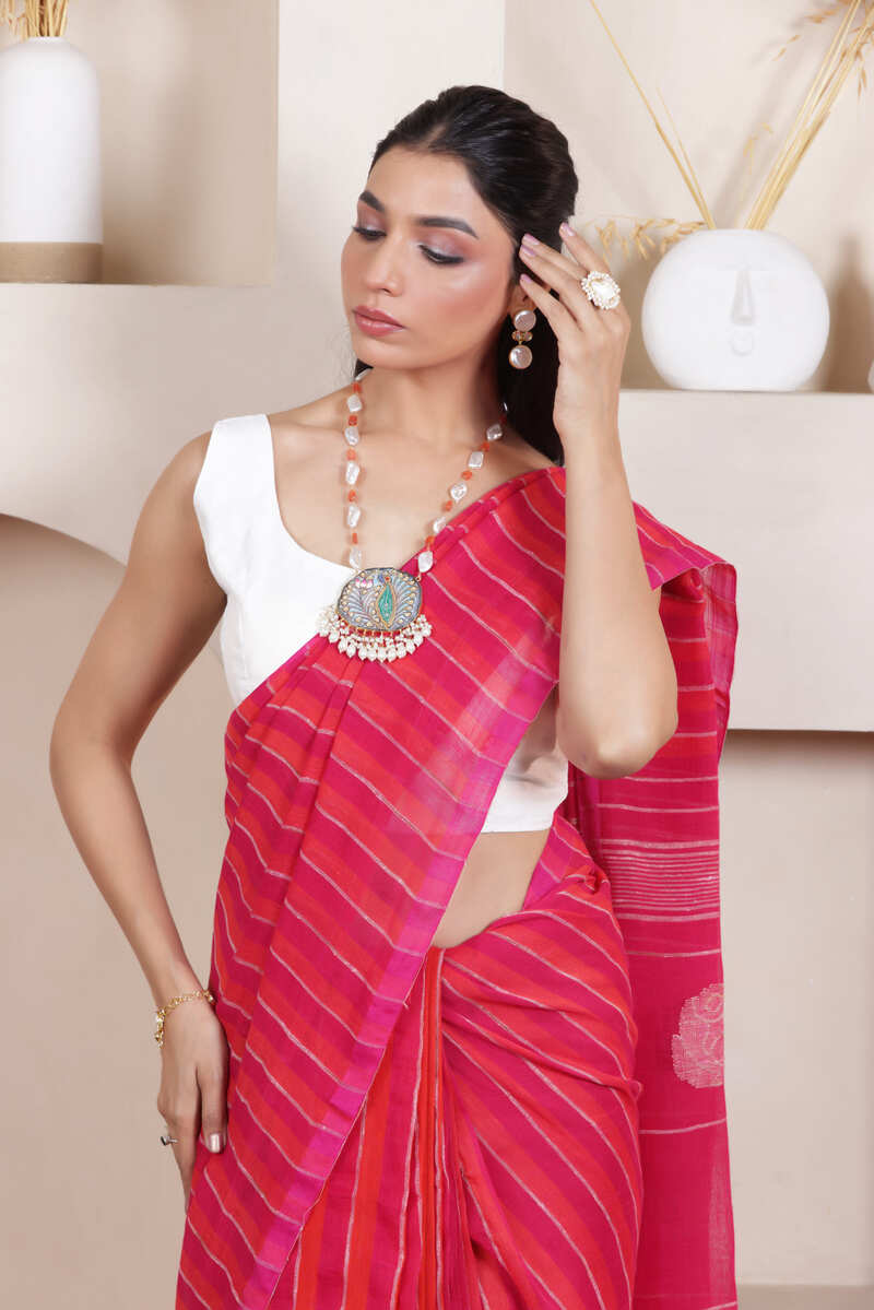 ROSE BLOOM-HANDWOVEN LINEN STRIPED SAREE