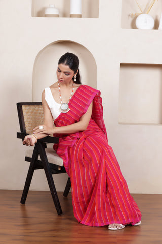 ROSE BLOOM-HANDWOVEN LINEN STRIPED SAREE