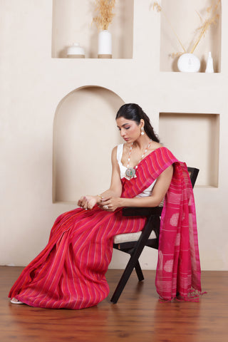 ROSE BLOOM-HANDWOVEN LINEN STRIPED SAREE