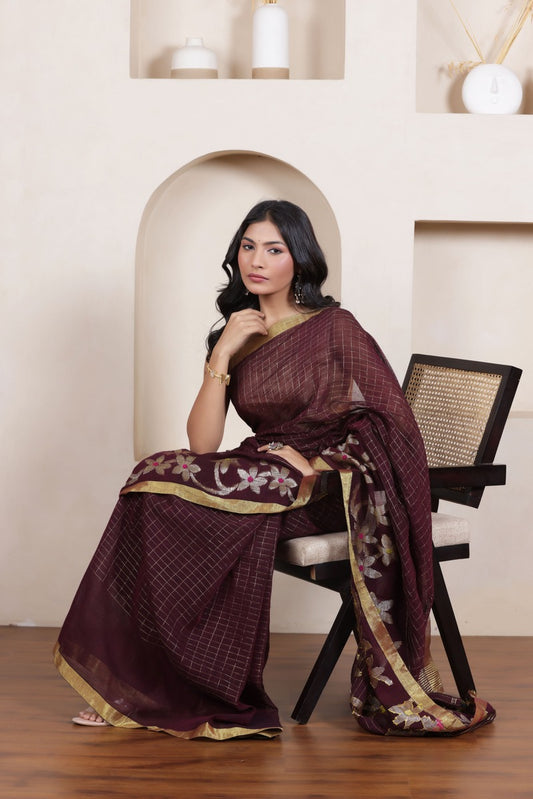 WOVEN LINEN CHECK SAREE IN BROWN WITH FLORAL ELEGANCE