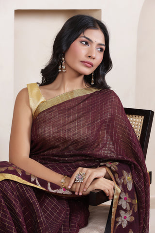 WOVEN LINEN CHECK SAREE IN BROWN WITH FLORAL ELEGANCE