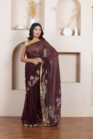 WOVEN LINEN CHECK SAREE IN BROWN WITH FLORAL ELEGANCE