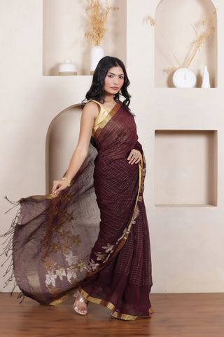 WOVEN LINEN CHECK SAREE IN BROWN WITH FLORAL ELEGANCE