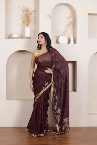 WOVEN LINEN CHECK SAREE IN BROWN WITH FLORAL ELEGANCE