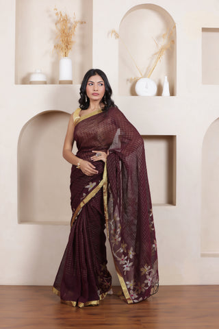 WOVEN LINEN CHECK SAREE IN BROWN WITH FLORAL ELEGANCE