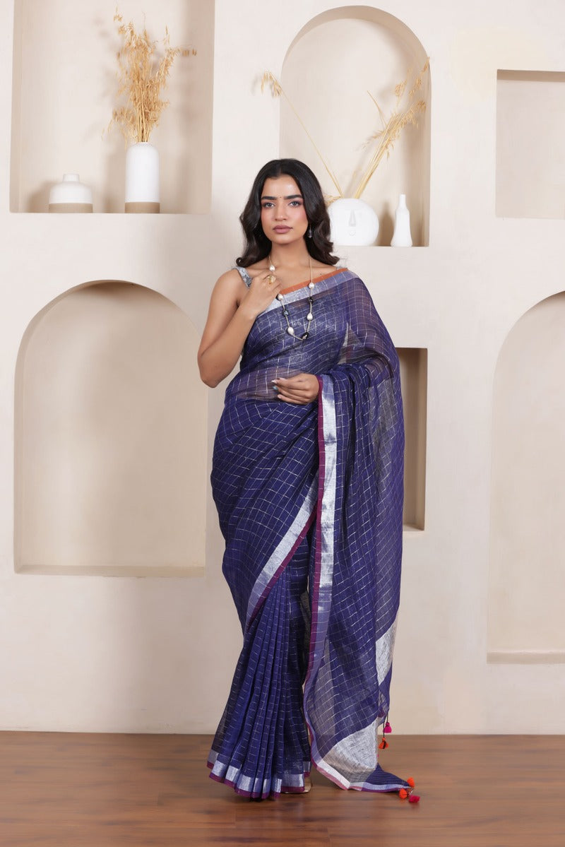 ELEGANT NAVY BLUE LINEN COTTON GRID SAREE WITH REFINED TEXTURED DRAPE