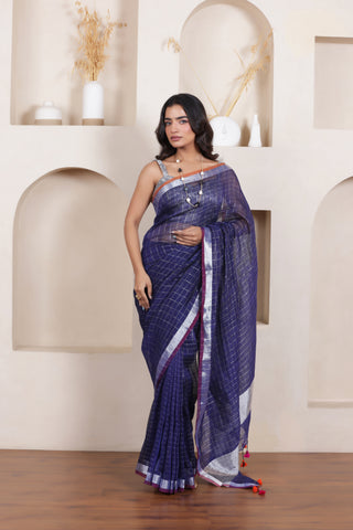 ELEGANT NAVY BLUE LINEN COTTON GRID SAREE WITH REFINED TEXTURED DRAPE