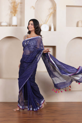 ELEGANT NAVY BLUE LINEN COTTON GRID SAREE WITH REFINED TEXTURED DRAPE