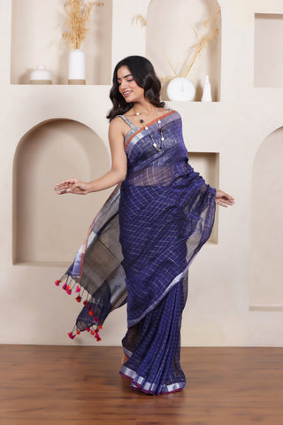 ELEGANT NAVY BLUE LINEN COTTON GRID SAREE WITH REFINED TEXTURED DRAPE