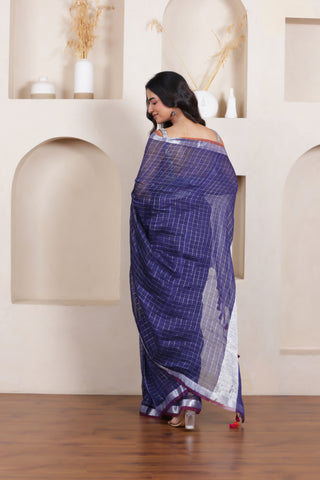 ELEGANT NAVY BLUE LINEN COTTON GRID SAREE WITH REFINED TEXTURED DRAPE