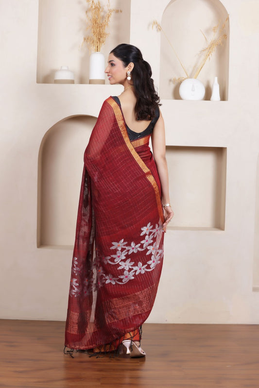 WOVEN LINEN CHECK SAREE IN MAROON WITH FLORAL ELEGANCE