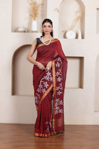 WOVEN LINEN CHECK SAREE IN MAROON WITH FLORAL ELEGANCE