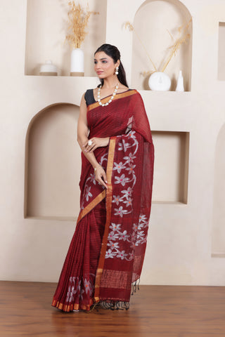 WOVEN LINEN CHECK SAREE IN MAROON WITH FLORAL ELEGANCE