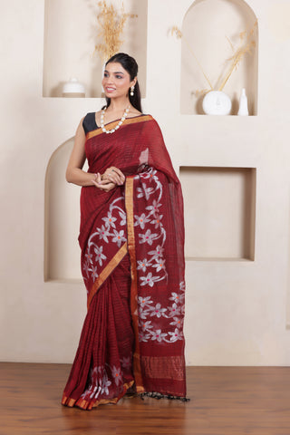 WOVEN LINEN CHECK SAREE IN MAROON WITH FLORAL ELEGANCE