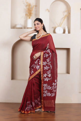WOVEN LINEN CHECK SAREE IN MAROON WITH FLORAL ELEGANCE