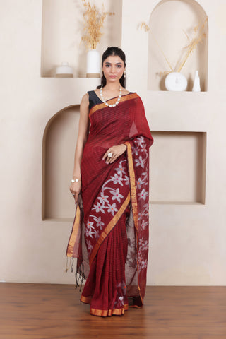 WOVEN LINEN CHECK SAREE IN MAROON WITH FLORAL ELEGANCE
