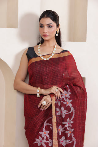 WOVEN LINEN CHECK SAREE IN MAROON WITH FLORAL ELEGANCE