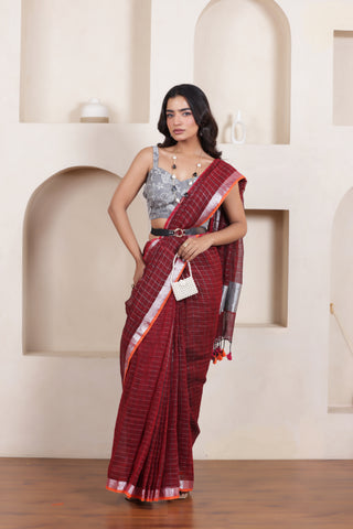 ELEGANT MAROON LINEN COTTON GRID SAREE WITH TIMELESS MINIMAL CHECKS