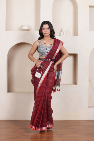 ELEGANT MAROON LINEN COTTON GRID SAREE WITH TIMELESS MINIMAL CHECKS