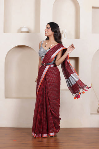 ELEGANT MAROON LINEN COTTON GRID SAREE WITH TIMELESS MINIMAL CHECKS