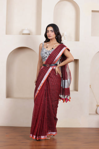 ELEGANT MAROON LINEN COTTON GRID SAREE WITH TIMELESS MINIMAL CHECKS
