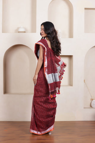 ELEGANT MAROON LINEN COTTON GRID SAREE WITH TIMELESS MINIMAL CHECKS