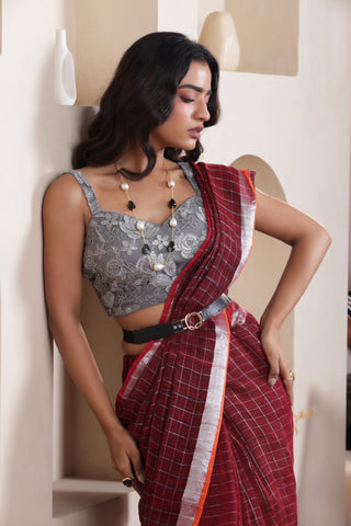 ELEGANT MAROON LINEN COTTON GRID SAREE WITH TIMELESS MINIMAL CHECKS