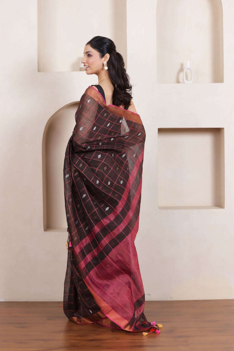 CLASSIC ELEGANCE IN BLACK LINEN BUTTA CHECKS SAREE