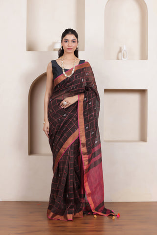 CLASSIC ELEGANCE IN BLACK LINEN BUTTA CHECKS SAREE