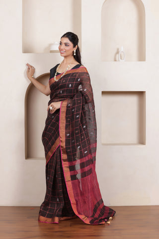 CLASSIC ELEGANCE IN BLACK LINEN BUTTA CHECKS SAREE