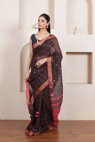 CLASSIC ELEGANCE IN BLACK LINEN BUTTA CHECKS SAREE