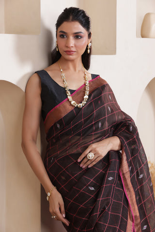 CLASSIC ELEGANCE IN BLACK LINEN BUTTA CHECKS SAREE