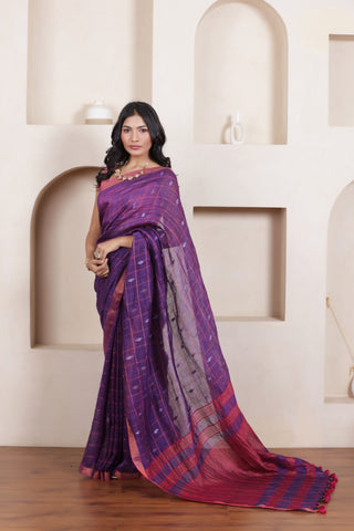 CLASSIC VIOLET GRACE LINEN CHECKS SAREE WITH WOVEN BUTTAS